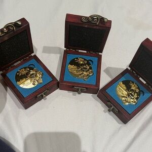 Wooden Boxes with Gold and Blue Medallions